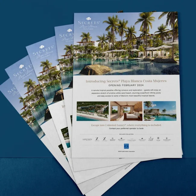Showcasing the print marketing collateral and graphic design we developed for Cara Hotel Marketing